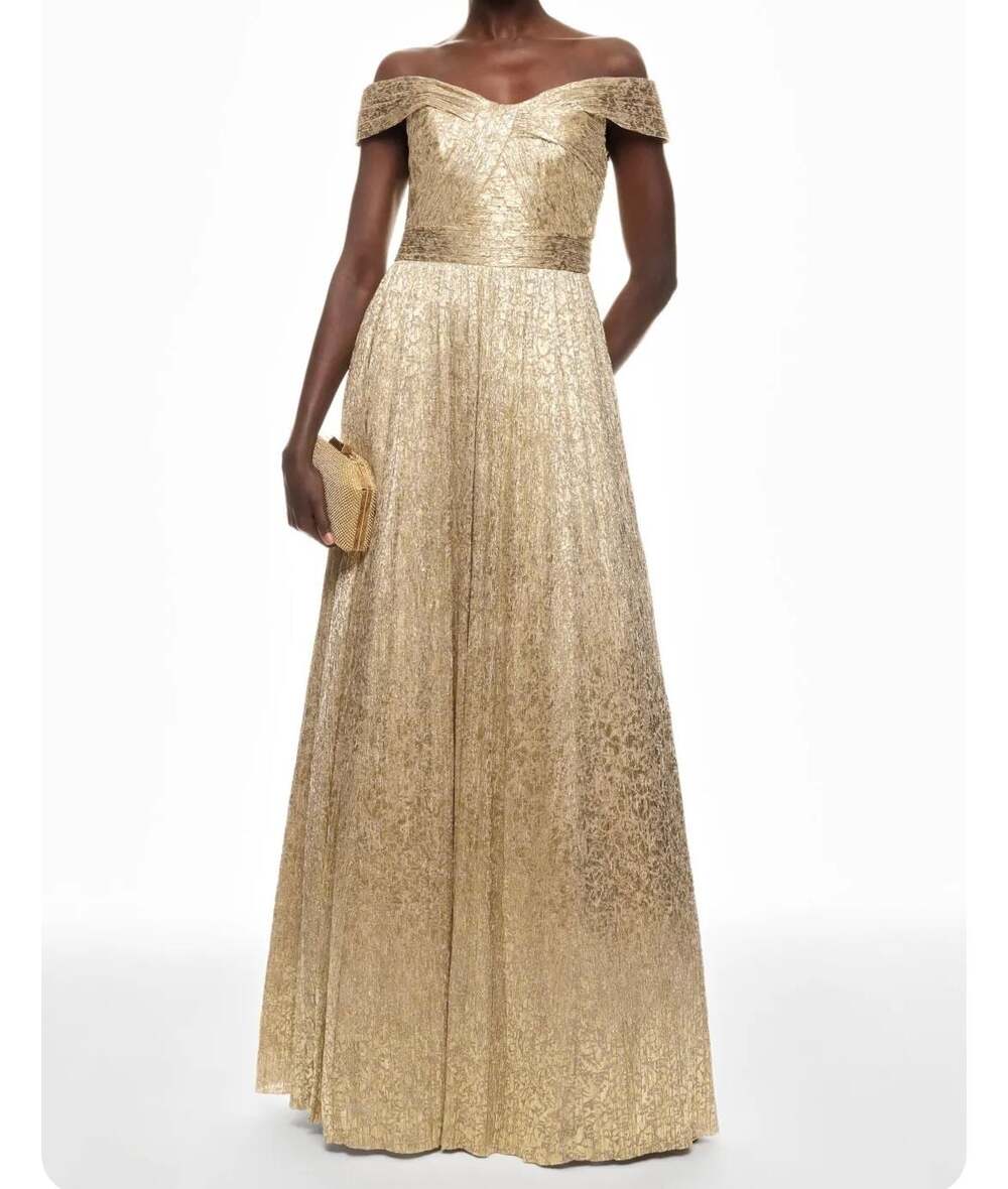 Aidan Mattox Metallic Off-The-Shoulder Foiled Pleated Gown in Gold